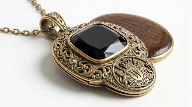 Ornate antique locket pendant with black gemstone and intricate metalwork detail.