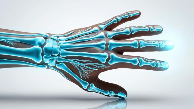 human hand resting in clean space as an internal skeletal lattice expands from wrist to fingers, revealing bone structure, joint alignment, and anatomical precision in a medical visualization style