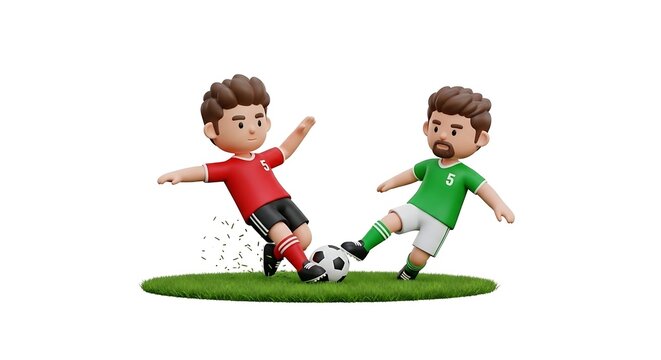 Two soccer players competing for ball on grass field