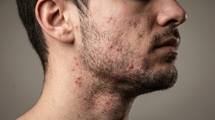 Fototapeta premium Side Profile of Man Face with Severe Acne Vulgaris Breakout and Irritated Beard Shaving Rash