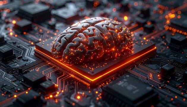 Glowing Brain Chip Embedded in Advanced Tech Circuit Board with Sleek Futuristic Design on Black Backdrop