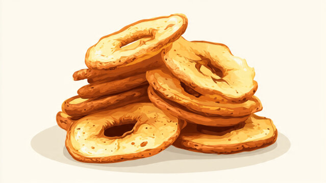 Stack of golden-brown bagels with a shiny crust and airy texture on a light background visually appealing fresh bakery product