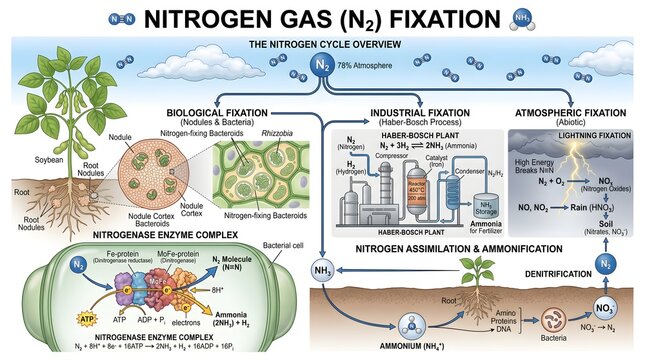 Nitrogen gas (N₂) fixation infographic showing atmospheric reservoir, biological fixation by root nodule bacteria, industrial Haber process, lightning fixation, assimilation into plants, ammonificatio