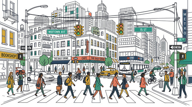 Busy city street intersection with diverse people and traffic