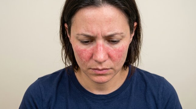 Portrait of Woman Looking Down with Distinct Malar Butterfly Rash on Cheeks and Nose Bridge