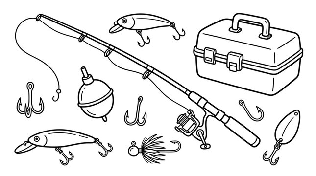 Fishing Gear Collection: Rod, Reel, Lures, Tackle Box, Hooks, Bobber - Line Art Illustration