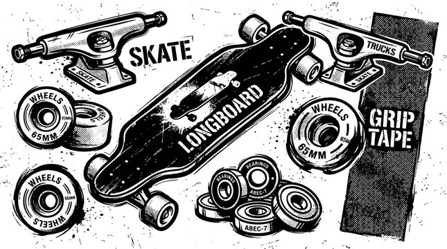 Longboard Skateboard Components and Parts Arranged Artistically