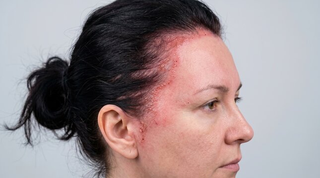 Side Profile of Womans Hairline with Red Inflammatory Dermatitis or Shingles Rash and Vesicles