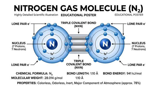 Nitrogen gas molecule (N₂) educational poster showing highly detailed scientific illustration of two nitrogen nuclei, lone pairs, triple covalent bonds, bond length and energy, with concise data on fo