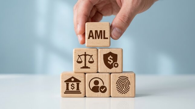 Hand placing aml block on stacked financial security cubes