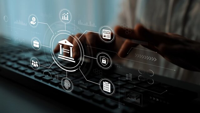 Digital Finance Concept Represented by Graphic Icons Showing Banking, Security, and Technology on a Keyboard with User Interaction. Entropy.
