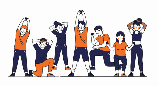 Diverse group of people doing warmup exercises together.