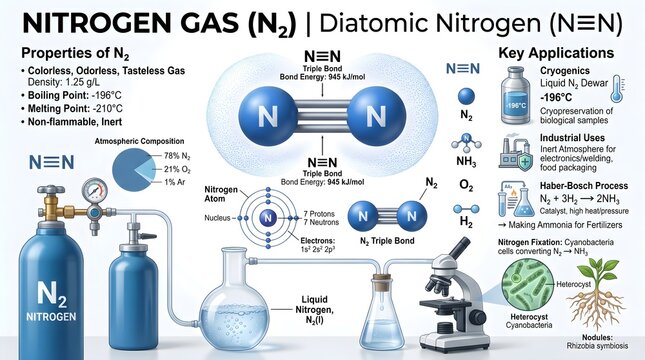 Nitrogen gas (N₂) diatomic nitrogen infographic outlining molecular structure with strong triple bond, key physical properties and wide‑ranging applications in cryogenics, lasers, electronics, inert a
