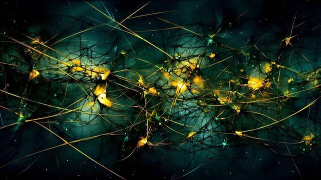 Digital green and yellow strings tangled together abstract background