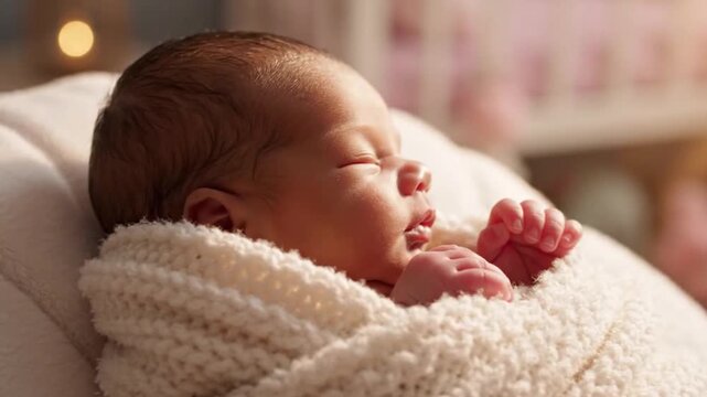 Closeup of a peaceful newborn baby sleeping wrapped in a soft white knitted blanket