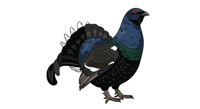 Black grouse bird with fan like tail feathers and a red eye patch standing in profile against a white background.
