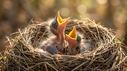 Two hungry baby birds chirping in a nest, waiting for food