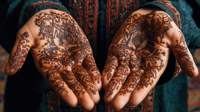 Intricate dark brown temporary body art adorns the palms of an individual wearing traditional clothing