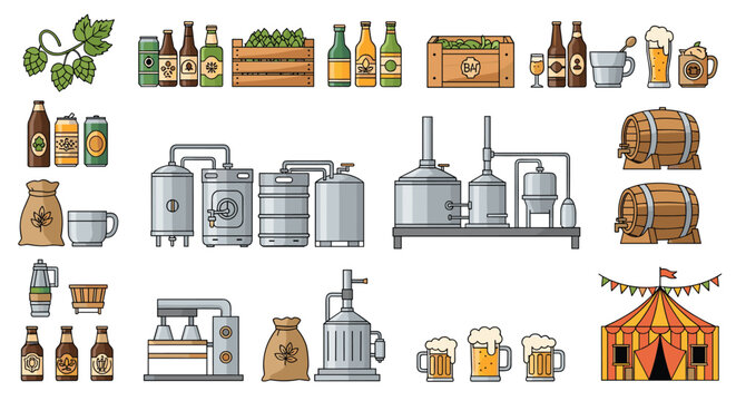 Comprehensive brewery and beer production icons including brewing equipment barrels glass mugs hops crates and festive beer tent elements.