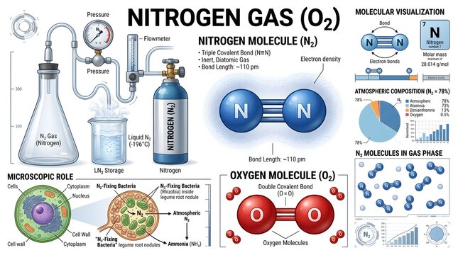 Comprehensive nitrogen gas (N₂) infographic combining laboratory preparation apparatus, compressed gas cylinder storage, 3D molecular model, comparison with oxygen molecule, atmospheric role, microsco