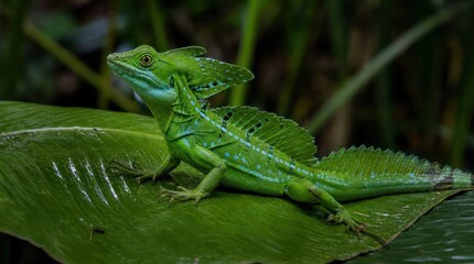 Naklejka premium Green Basilisk Lizard Resting on a Large Leaf in a Lush Rainforest.