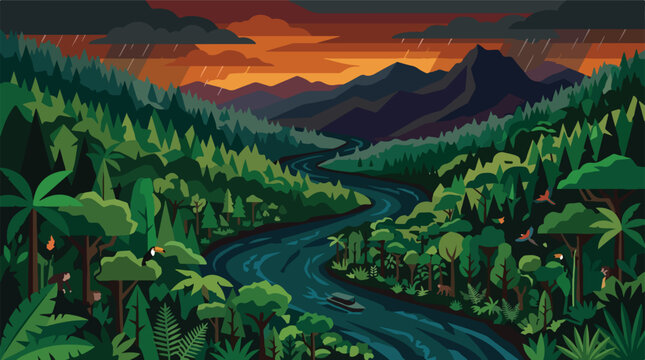 Amazon Rainforest Valley Landscape Vector Illustration. Flat Design Style of Jungle Forest with River Boat and Mountains. Beautiful Rainy Tropical Wilderness.