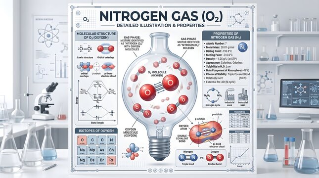 Nitrogen gas (N₂) detailed illustration and properties poster displayed in a modern laboratory, featuring atomic and molecular diagrams, physical data, Lewis structures, bonding explanations and key r