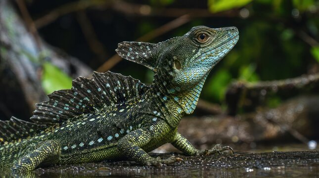 Green Basilisk Lizard with Crest and Spikes on Back.