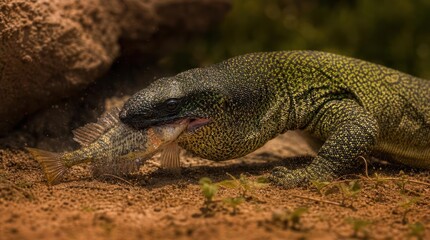 Obraz premium Green Lizard Eating Fish in Natural Habitat Close Up.