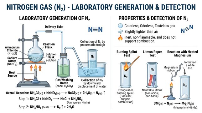 Nitrogen gas (N₂) laboratory generation and detection diagram illustrating reaction of ammonium nitrite, gas washing, collection in jars and confirmation tests for combustion, litmus behavior and meta