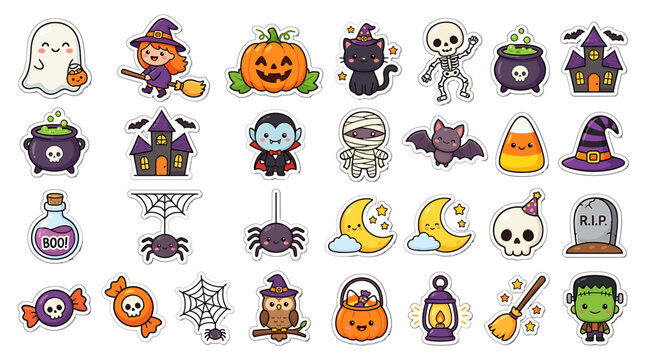 Cute Halloween Collection of Kawaii Vector Icons Featuring Spooky Characters and Festive Seasonal Elements for Holiday Decorations