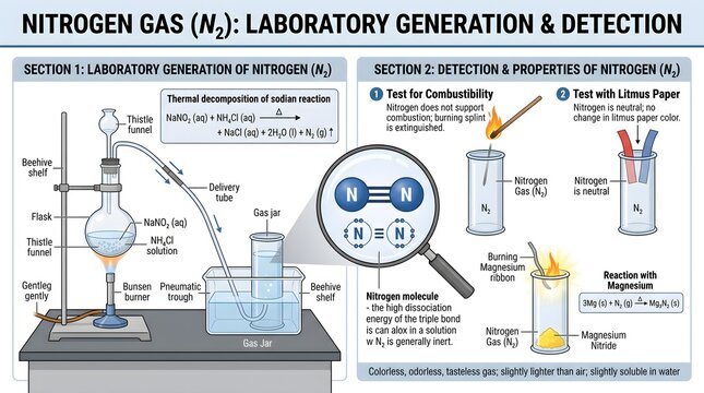 Nitrogen gas (N₂) laboratory generation and detection infographic showing thermal decomposition of sodium azide, gas collection over water, and tests for combustibility and litmus reaction to identify
