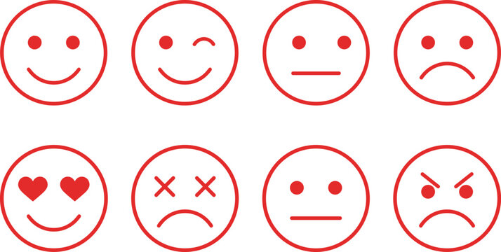 Red emoji emoticon face line icon set for customer feedback satisfaction survey app user experience evaluation