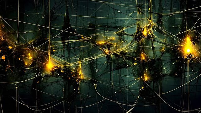 Digital green and yellow strings tangled together abstract background
