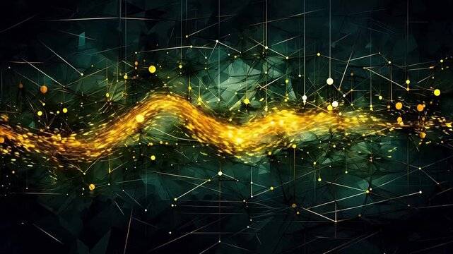 Digital green and yellow strings tangled together abstract background