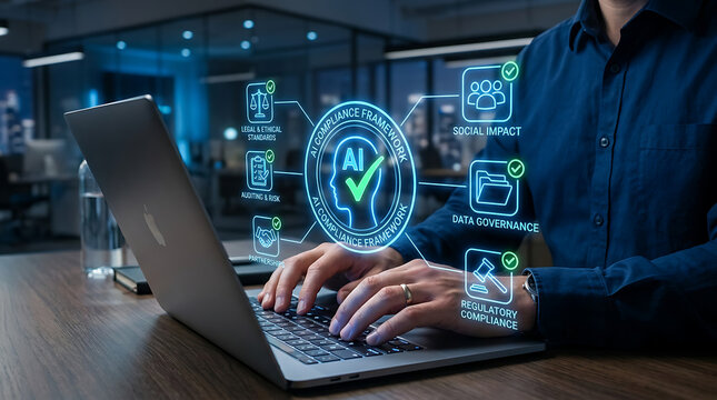 Professional working on a laptop with artificial intelligence compliance and data governance digital overlays.