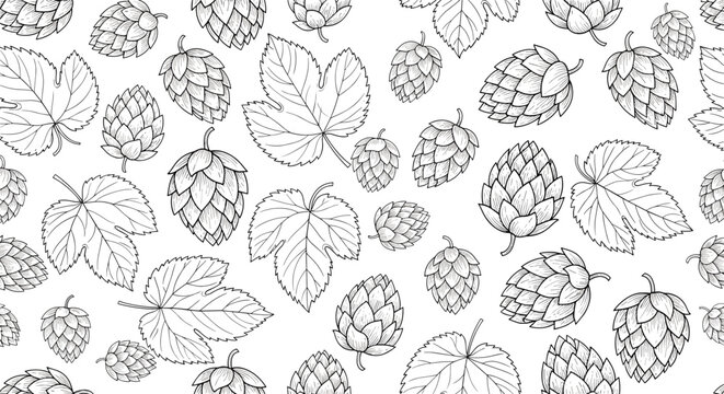 Seamless background pattern of detailed monochrome hops cones and leaves on a white background suitable for brewing and beer branding.