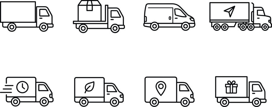 Delivery truck and shipping van line icon set for logistics transport distribution tracking and e-commerce service
