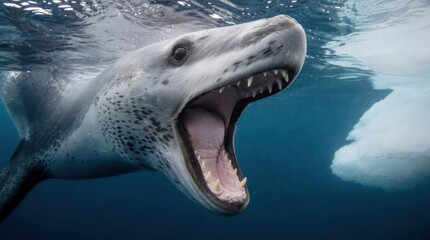 Fototapeta premium Leopard Seal Opens Mouth Underwater Showing Teeth Near Iceberg.