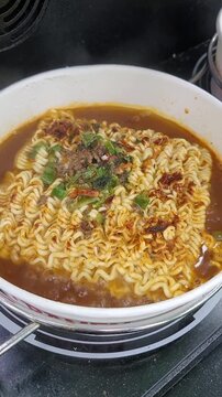 Han River Ramen Delicious Spicy Korean Instant Noodles Cooked in a Convenience Store
