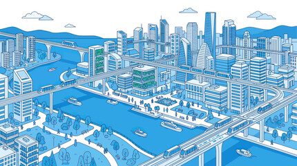 Futuristic smart city with monorails and river transport infrastructure © Maya