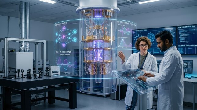 Scientists working in a futuristic laboratory with advanced quantum computing equipment.