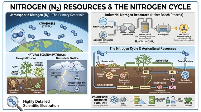 Nitrogen (N₂) resources and the nitrogen cycle infographic presenting atmospheric reservoir, natural fixation pathways, industrial Haber&ndash;Bosch synthesis and agricultural nitrogen resources within soil