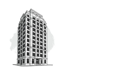 Fototapeta premium Detailed black and white architectural sketch of a tall modern office or residential building on a white background in a clean style.