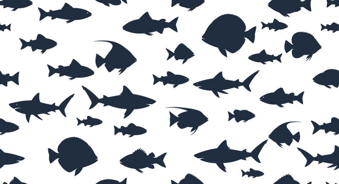 Seamless pattern of dark blue silhouettes of various fish and sharks on a clean white background representing diverse marine wildlife species.