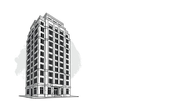 Detailed black and white architectural sketch of a tall modern office or residential building on a white background in a clean style.