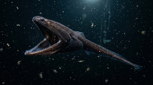 Gulper Eel Swimming in Deep Sea Darkness with Open Mouth