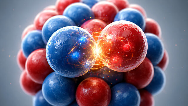 Close Up Atomic Nucleus With Protons Neutrons And Energy | Nuclear Particles Colliding With Bright Fusion Spark | Detailed Atom Core Concept With Red And Blue Particles