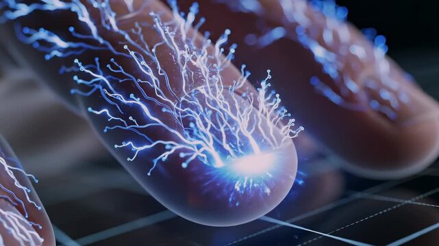 extreme close framing on fingers as nerve signals travel in rapid pulses toward the tips, illustrating tactile response, sensory transmission and bioelectric communication in peripheral nervous system