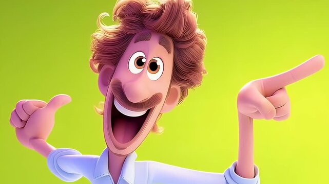 Animated man character pointing with hand gestures on green background